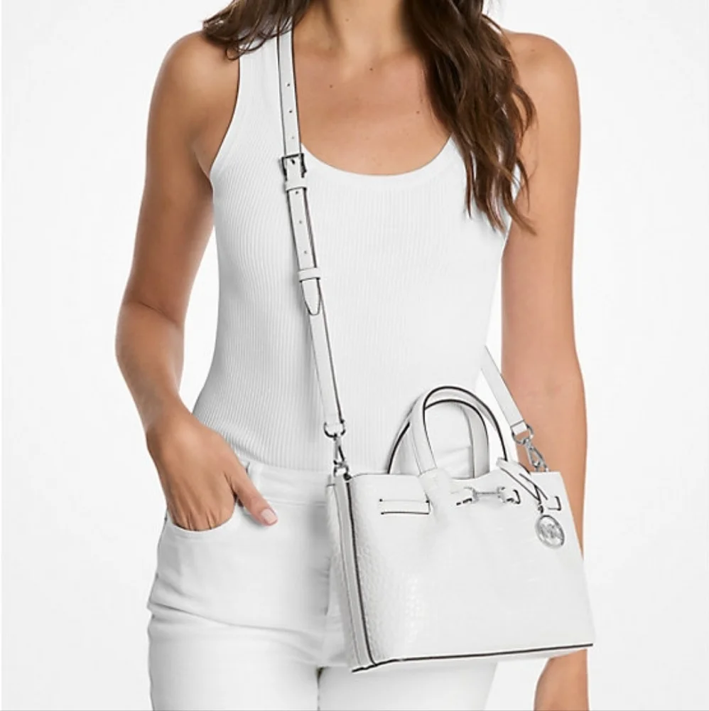 NWT MK White Carson Small Crocodile Embossed Satchel - Picture 3 of 5